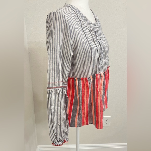 LemLem Boho Blue & White & Peach Peplum Blouse w/ Fabric Buttons Small - Picture 3 of 7